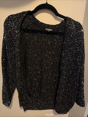 Express Black Sequin Open-Front Cardigan Sweater